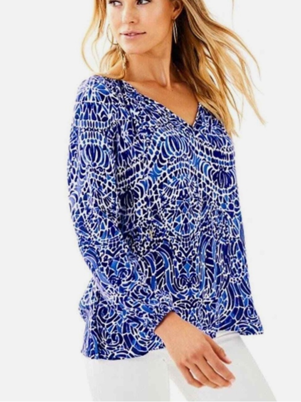 Lilly Pulitzer Willa Long Sleeve Blouse in Blue Taverna Tile